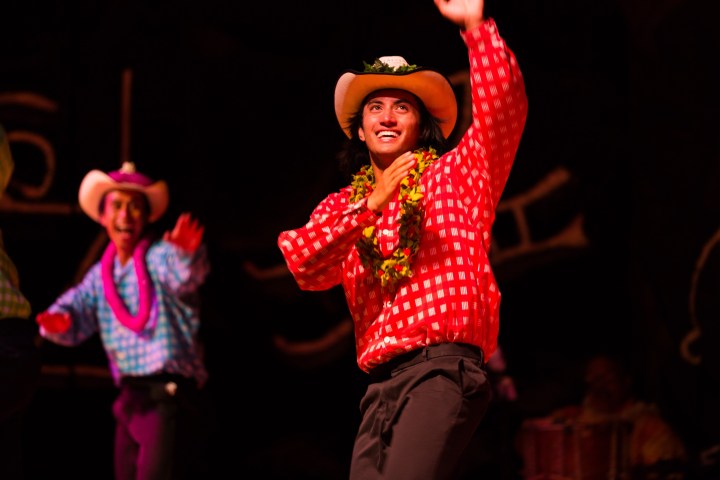 Two dancers in colorful outfits and hats, performing on stage with energetic expressions.
